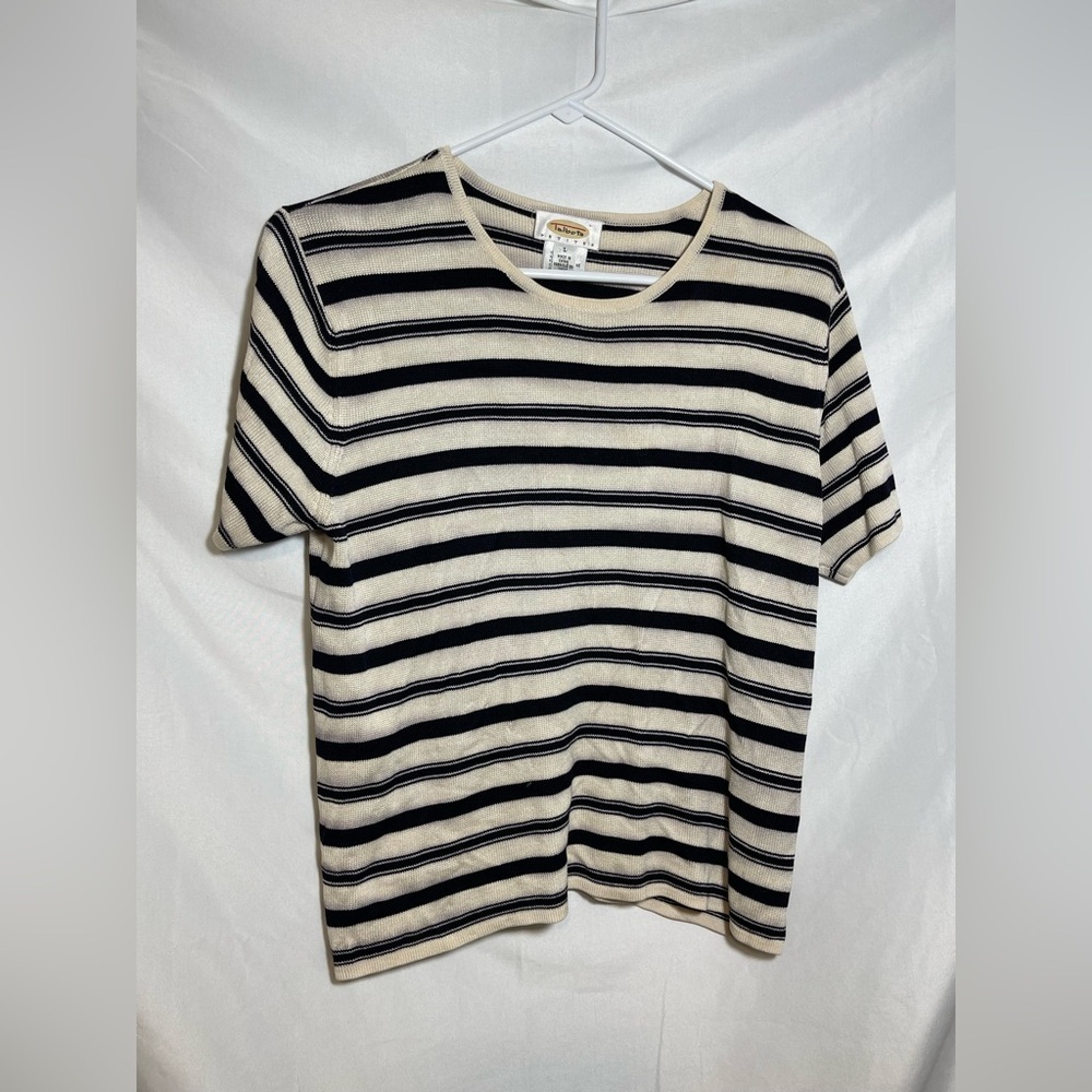 Talbots Silk Knit Top Womens Large Petite Black Cream Striped Tee